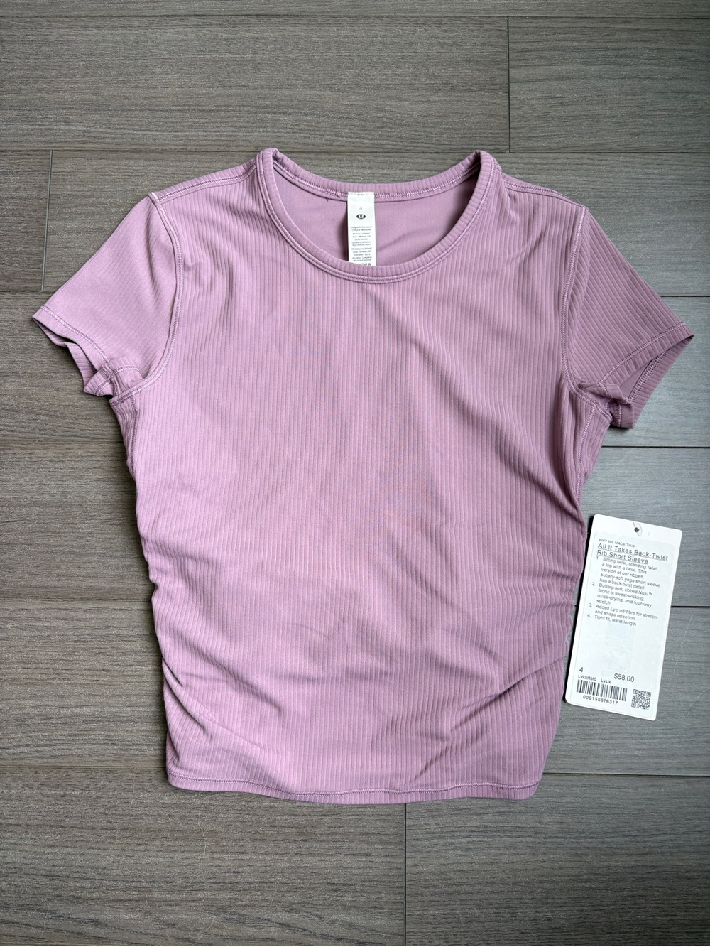 Lululemon - All It Takes Back-Twist Rib Short Sleeve in Lavender Lux (size 4)